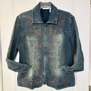 Tantrums Denim Jacket L Full Zip Pink Embroidery Studded Fitted Point Hem Blazer